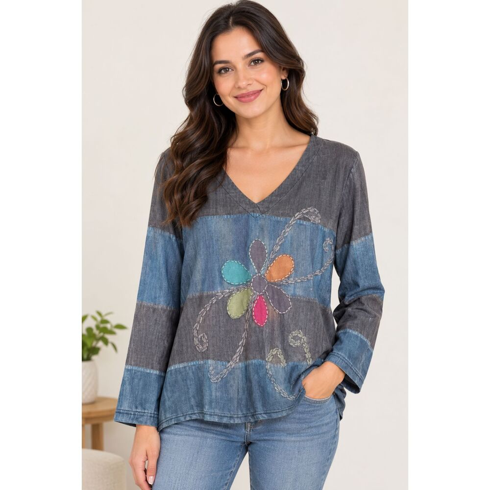 Womens L Floral Applique Denim Look V-Neck Long Sleeve Shirt Boho Top Large
